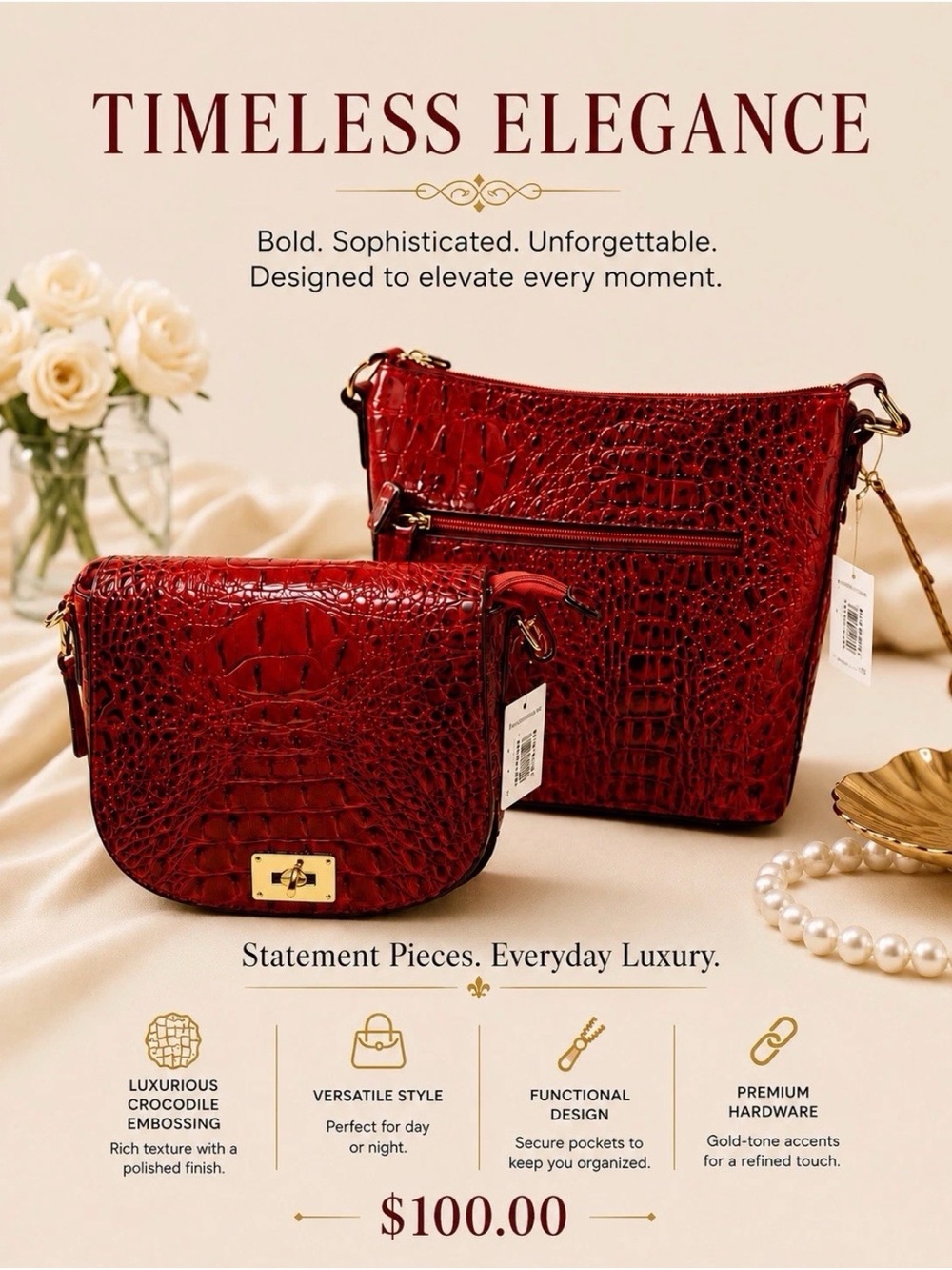 Timeless Elegance - Red Croc-Embossed Crossbody Set